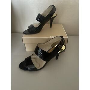 Michael Kors Rochelle Open Toe Heels Womens 9.5 Black Patent Leather Shoes